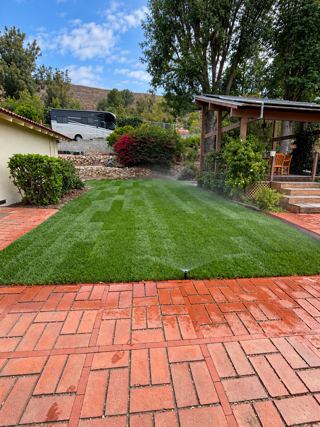 New sod lawn bordered by brick paving