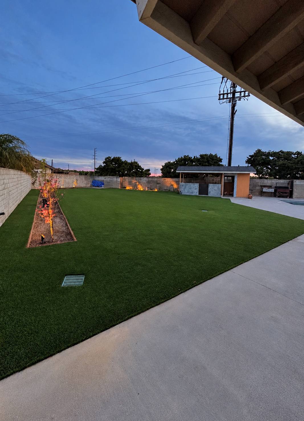Finished turf yard and planting illuminated at dusk