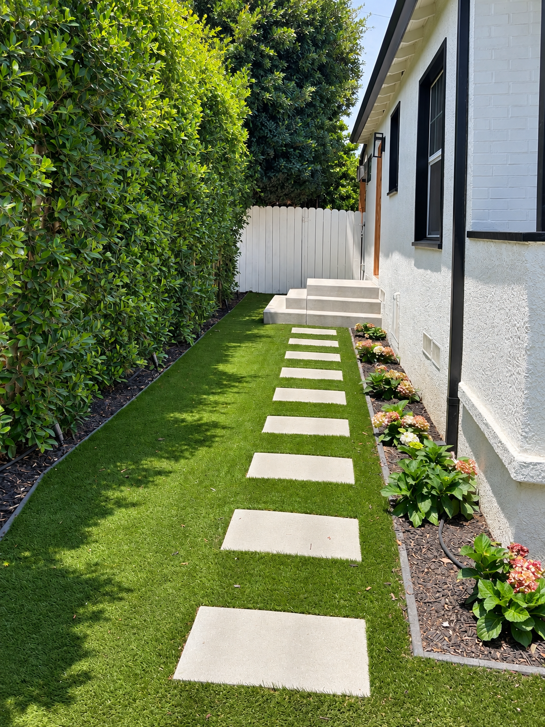Artificial turf side yard with stepping stones and planting